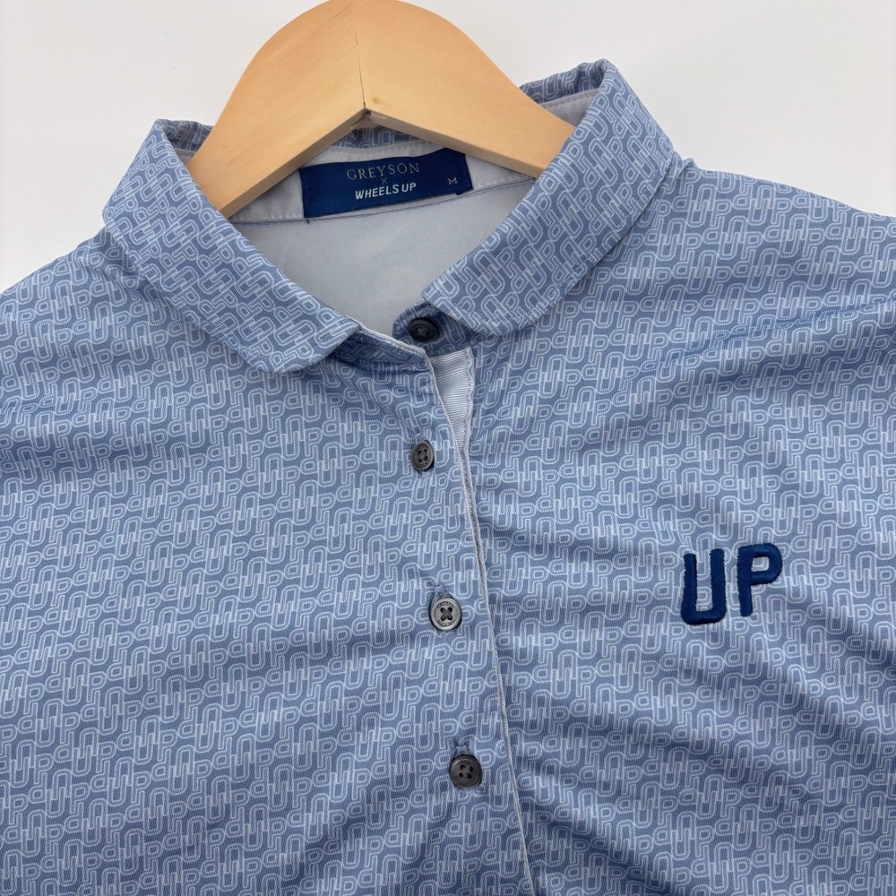 Greyson x Wheels Up Polo Shirt Women M Blue Geometric Performance Golf Top *FLAW